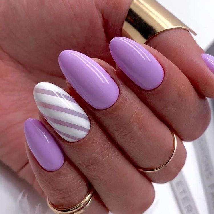 Lavender Purple and White Striped Almond Nails