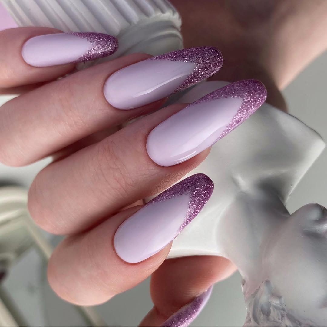 Lavender Shimmer French Tip Almond Nails