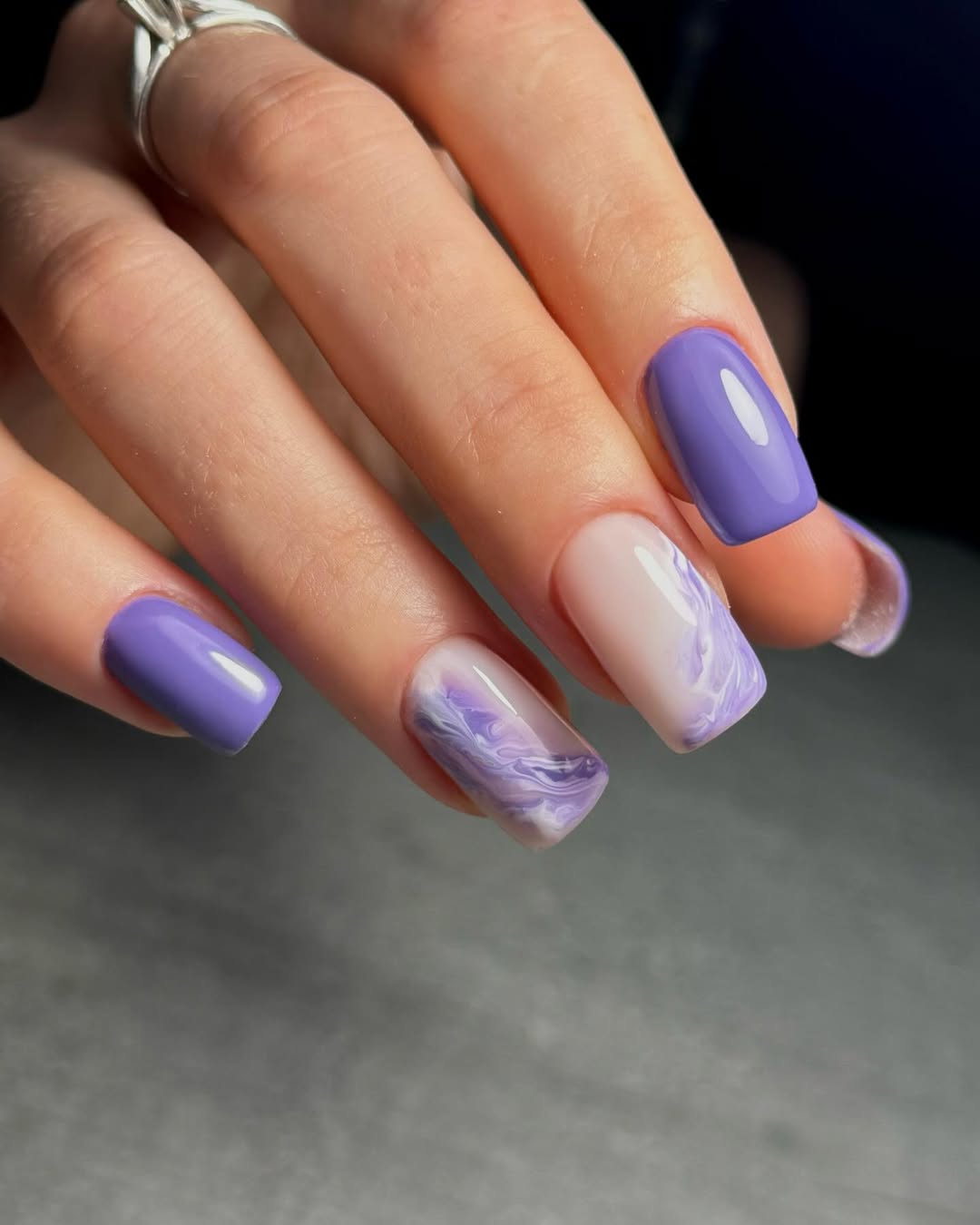 Lavender Swirl and Solid Glossy Square Nails