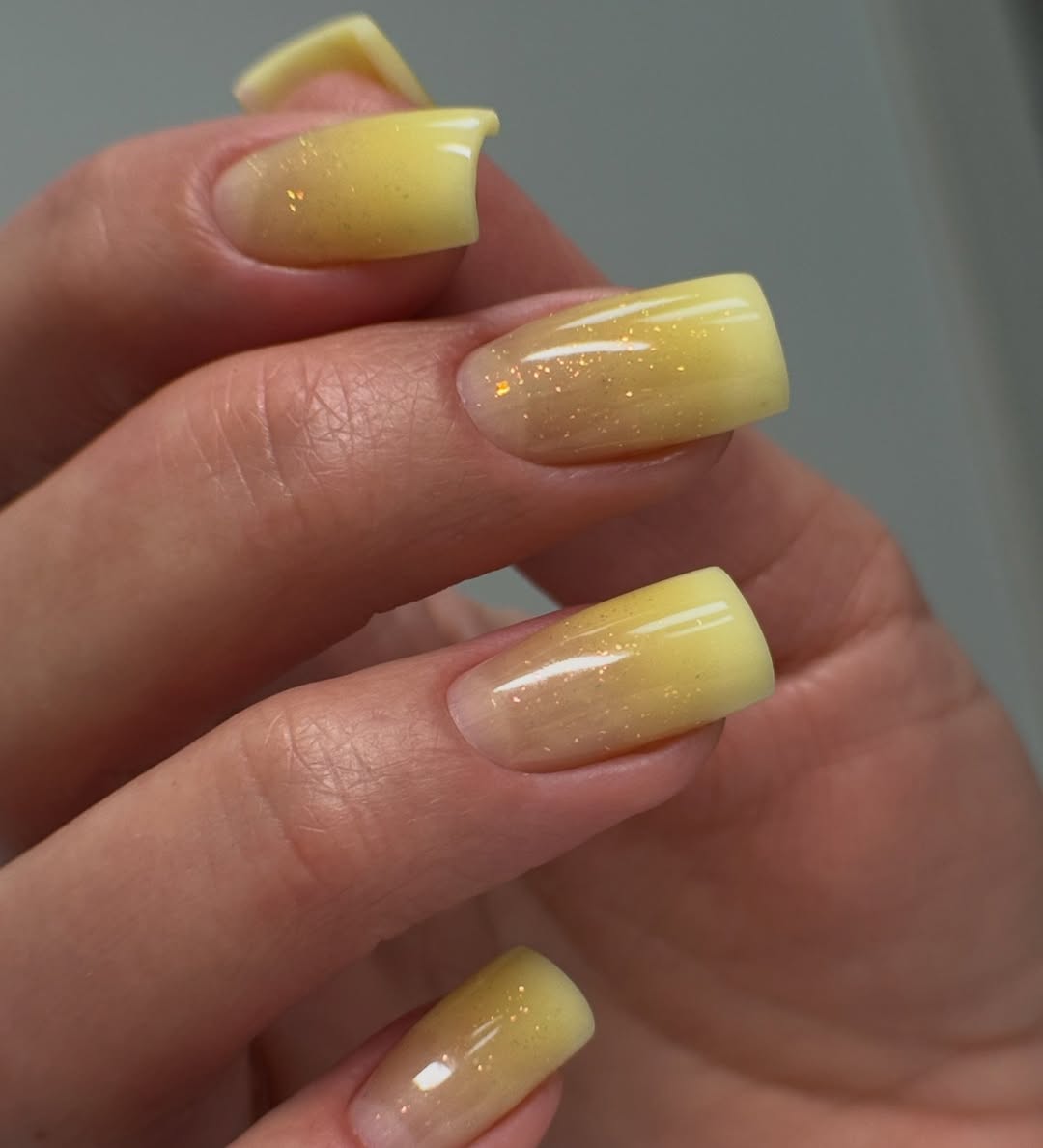 Lemon Yellow Glitter Gradient Square Glossy Nails