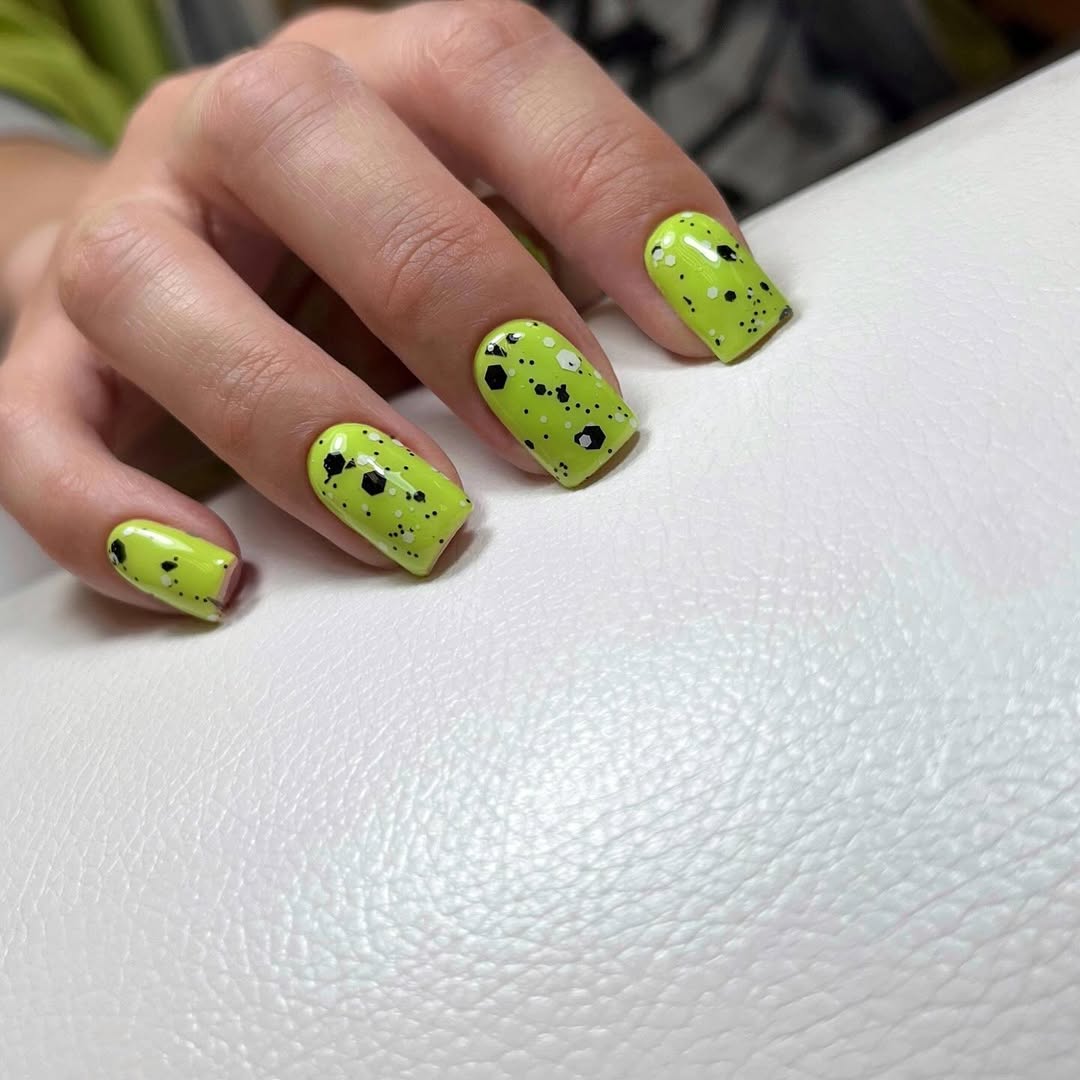 Lime Green Black And White Speckle Nails