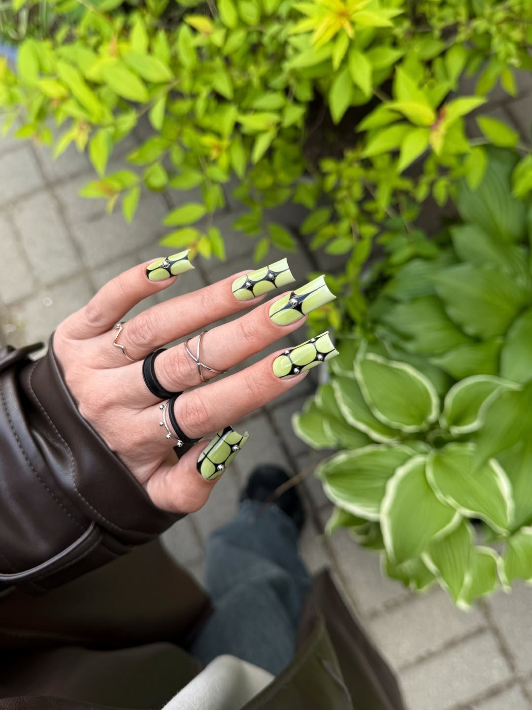 Lime Green Geometric Pattern Square Nails