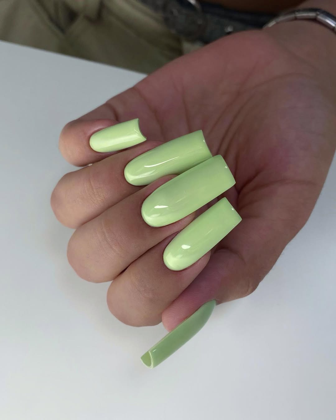 Long Glossy Pistachio Green Square Nails