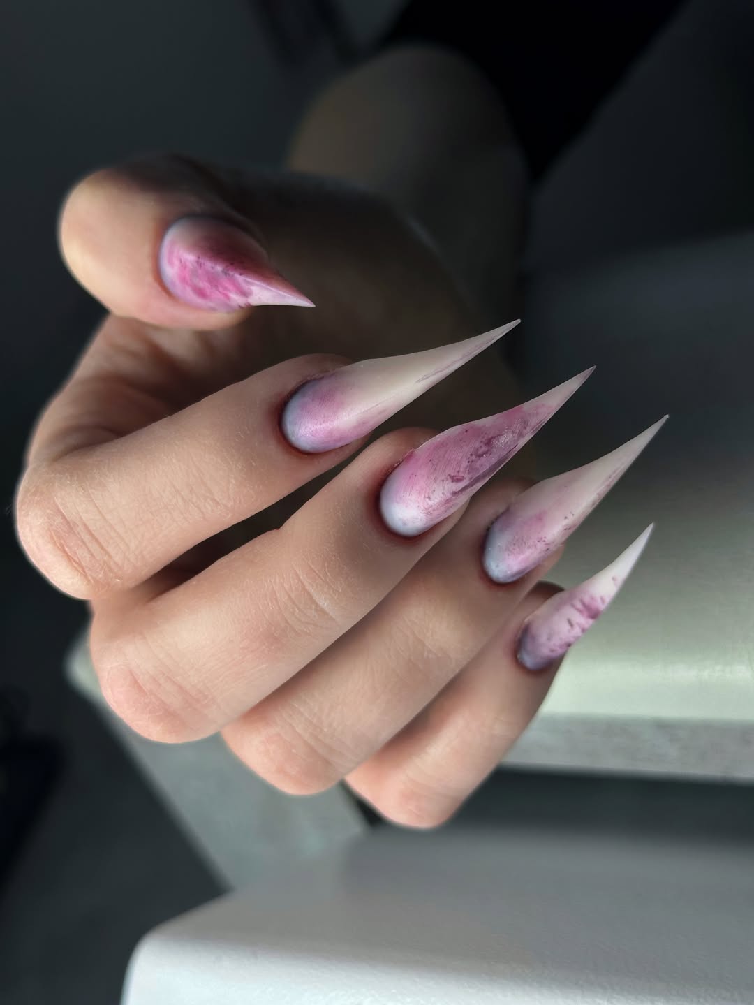 Long Purple Pink White Marble Stiletto Nails
