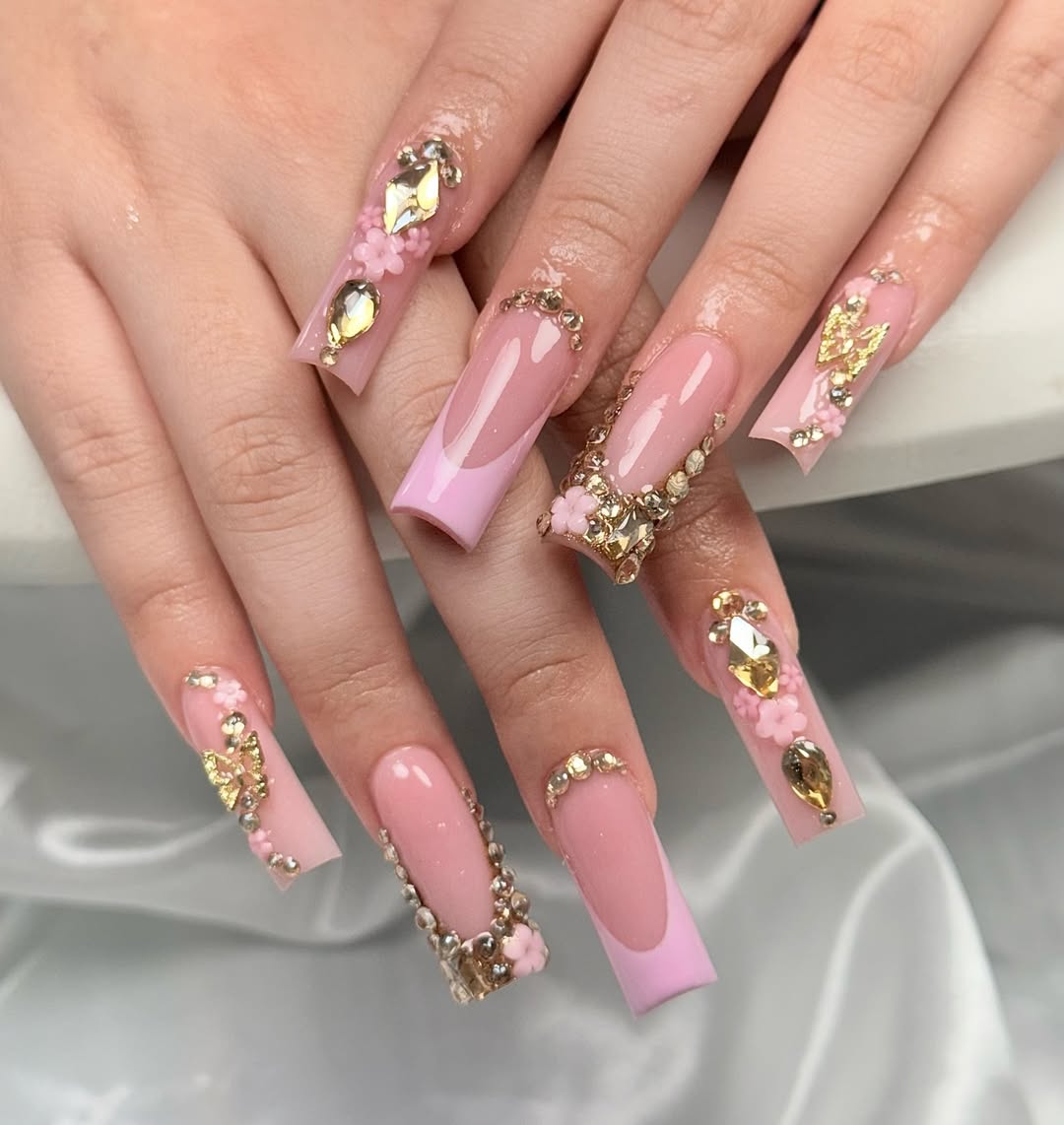 Luxurious Pink Rhinestone French Tips with 3D Charms