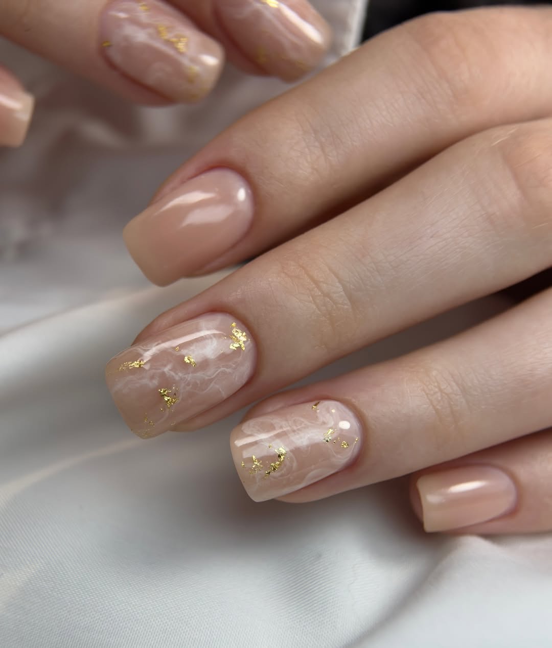 Marble Nude Gold Flake Square Nails
