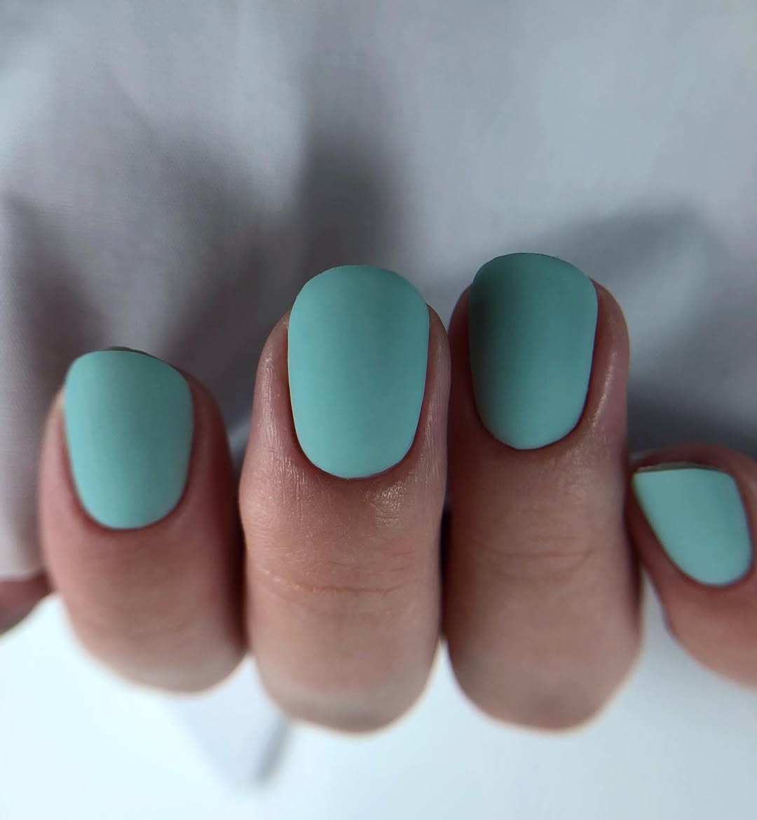 Matte Aqua Blue Short Oval Nails