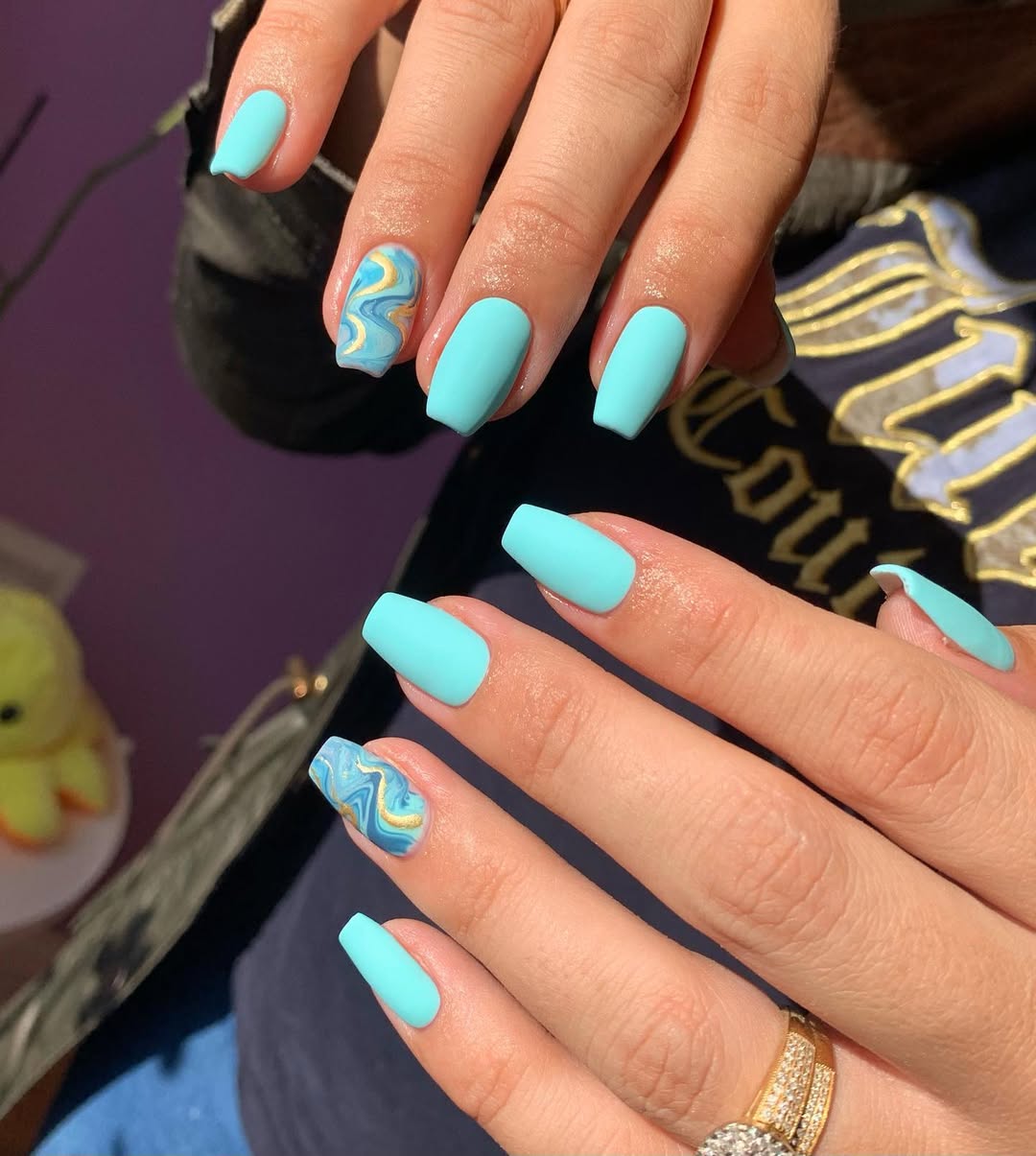 Matte Aqua Swirl Accent Coffin Nails