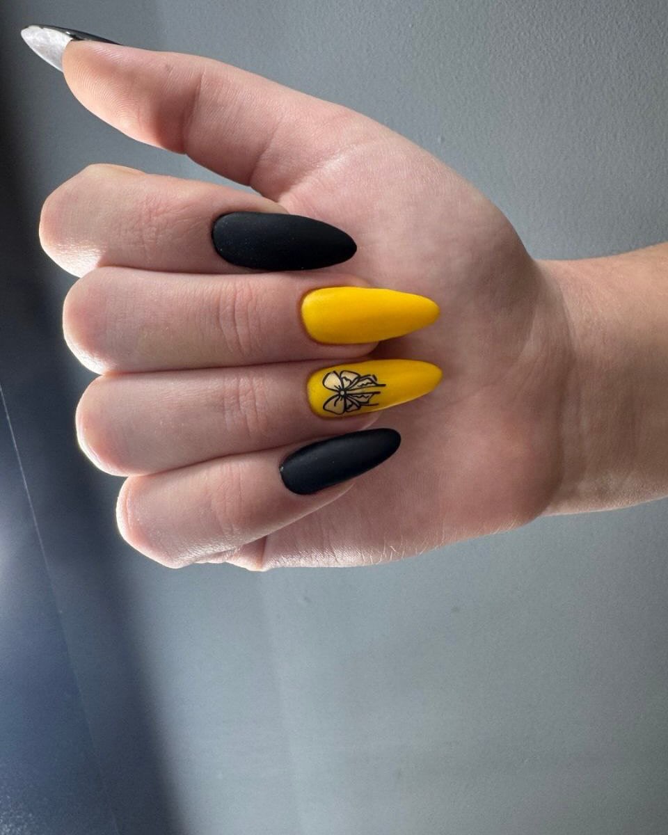 Matte Black And Yellow With Butterfly Art Almond Nails