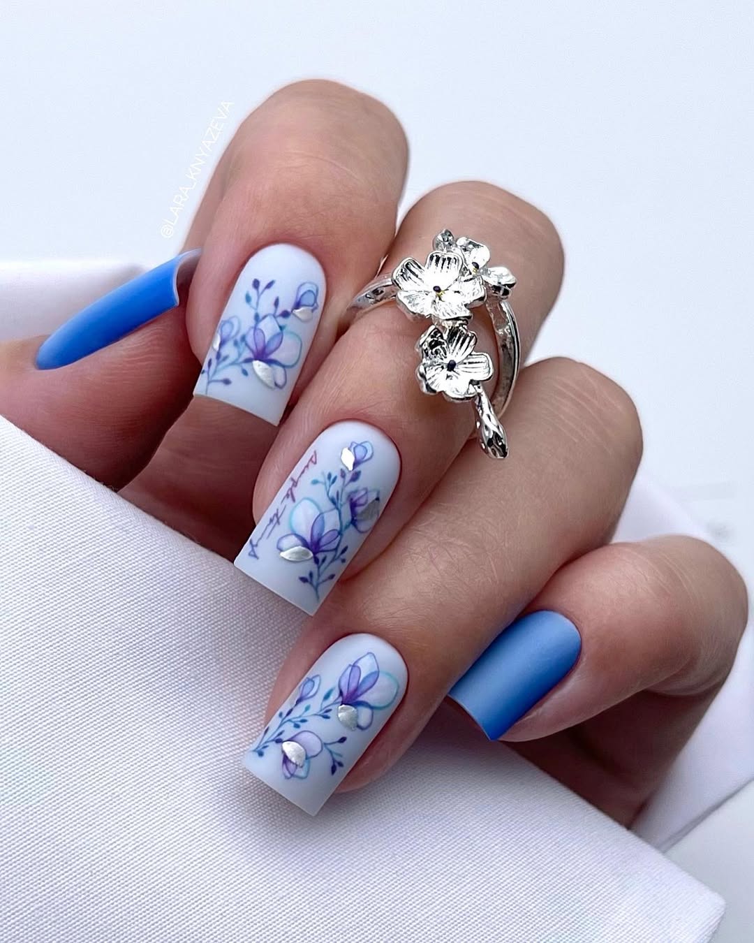 Matte Blue Indigo Floral Accent Nails