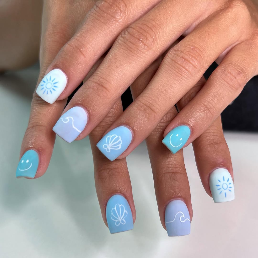 Matte Blue Ocean Inspired Short Squoval Nails