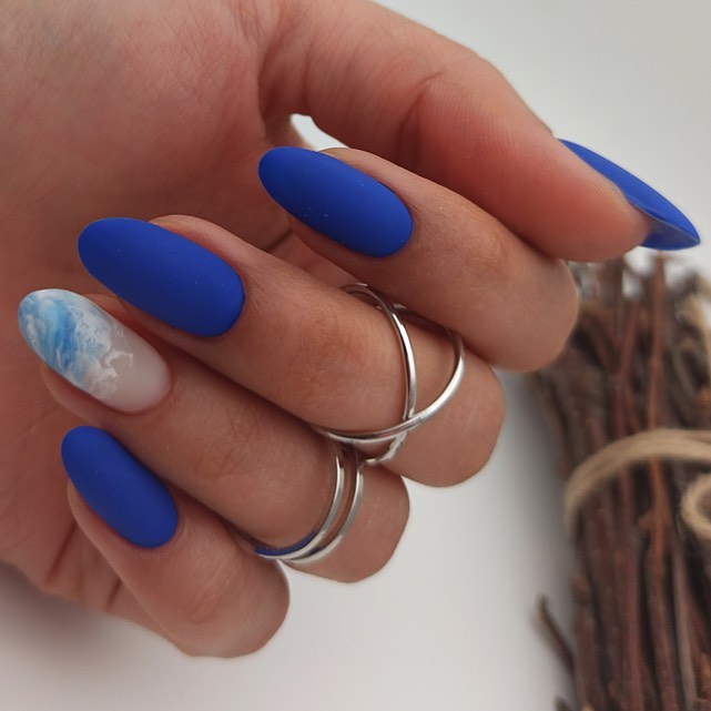 Matte Cobalt Blue Almond with Ocean Wave Accent