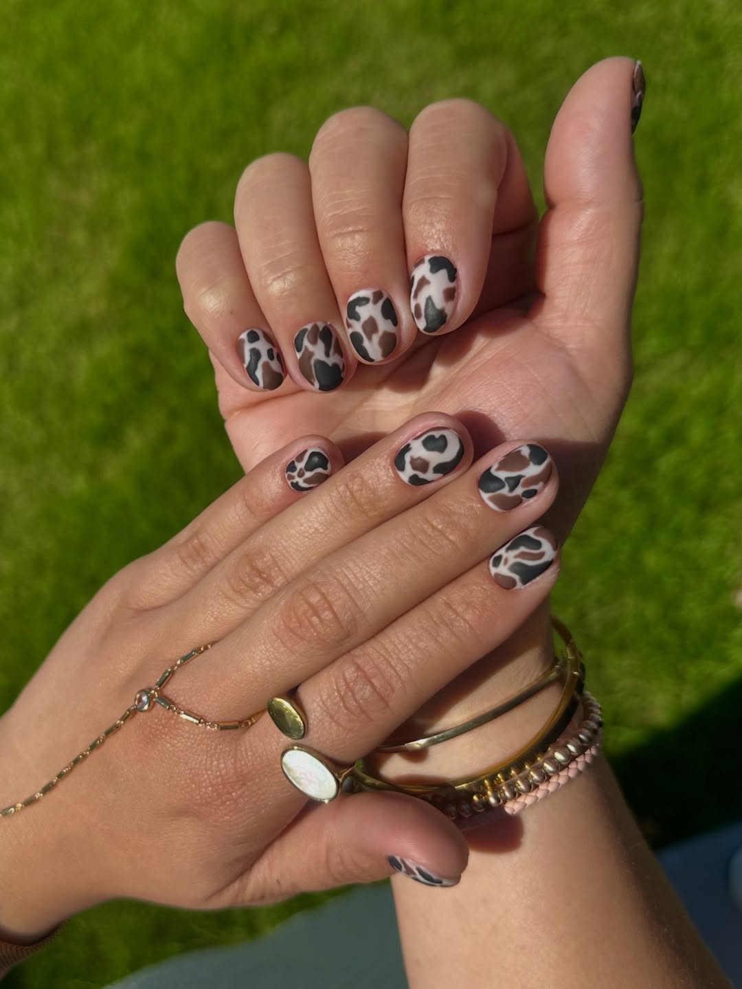 Matte Cow Print Short Oval Nails
