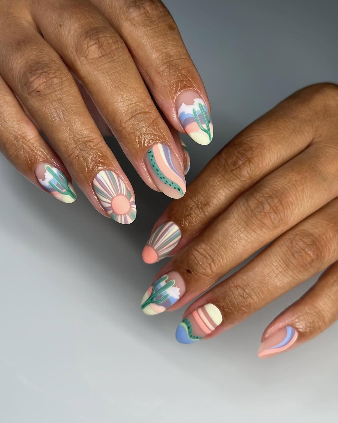 Matte Desert Scenic Pastel Almond Nails
