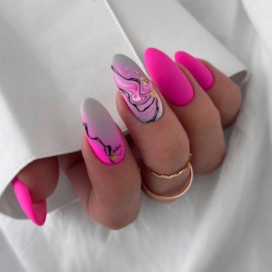 Matte Hot Pink Gray Marble Swirl Gold Flakes Oval Nails