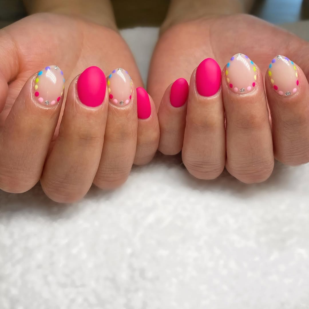 Matte Hot Pink Nails with Polka Dot Ombré Tips