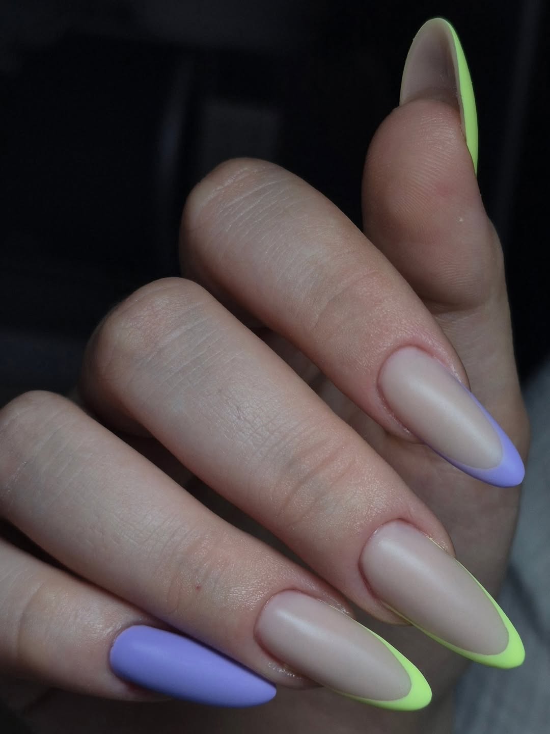 Matte Neon French Tips and Solid Lavender Stiletto Nails