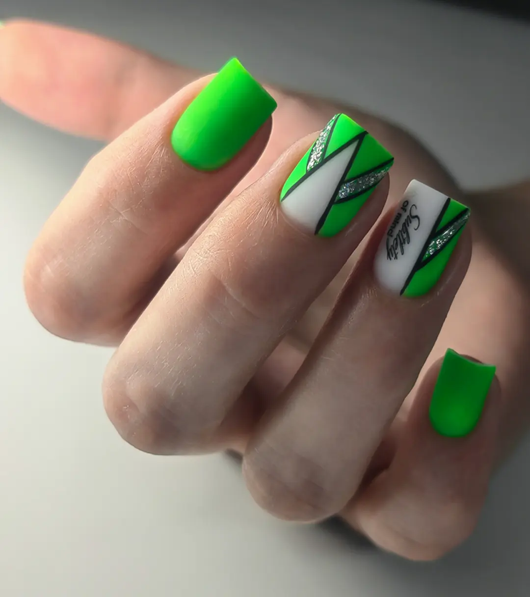 Matte Neon Green and White Geometric Accent Nails