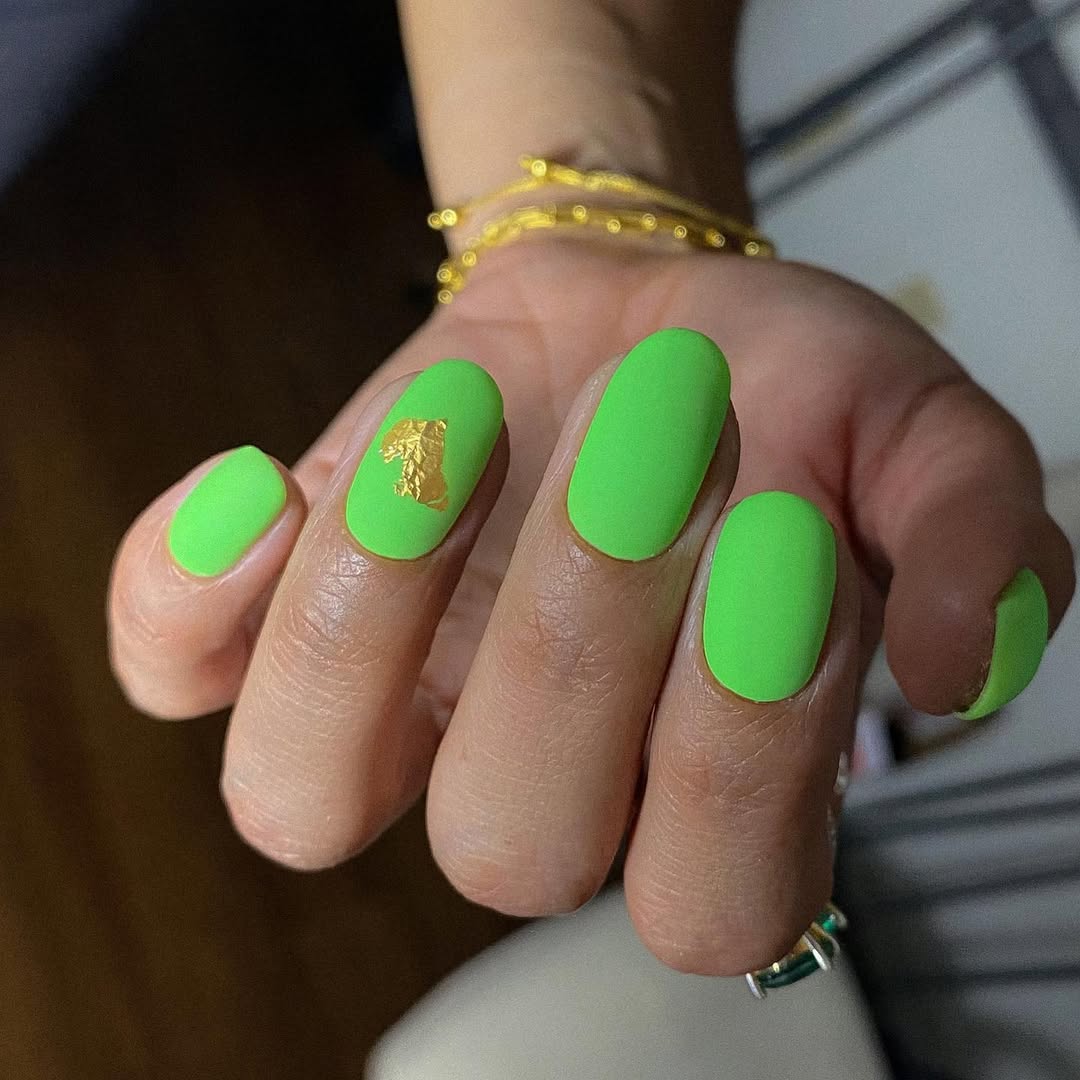 Matte Neon Green Oval Nails with Gold Flakes
