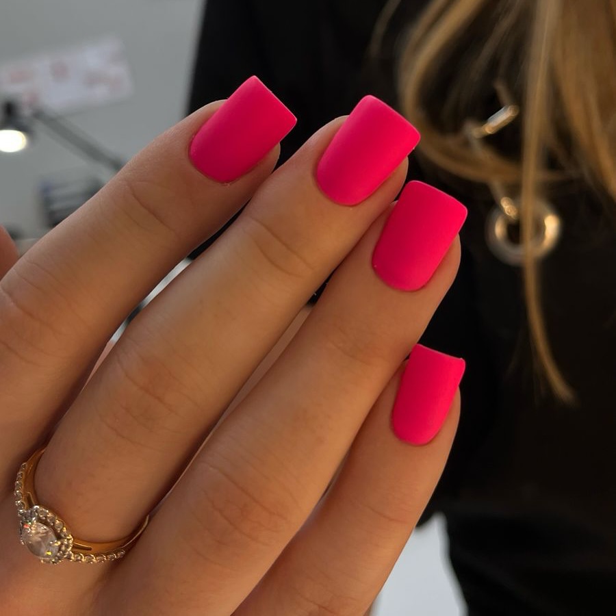 Matte Neon Hot Pink Short Square Nails