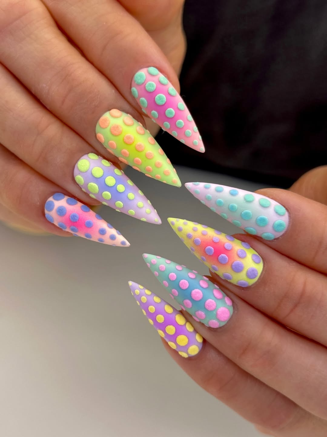 Matte Neon Ombre Stiletto Nails With Raised Polka Dots