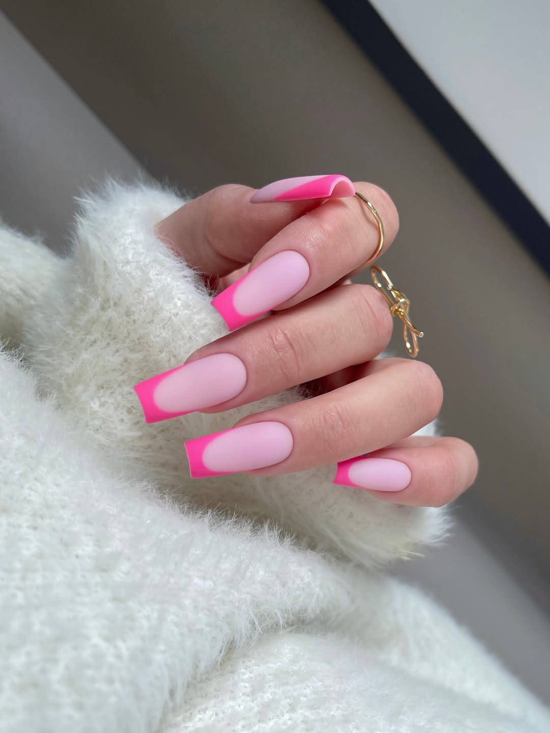 Matte Neon Pink French Tips Coffin Nails