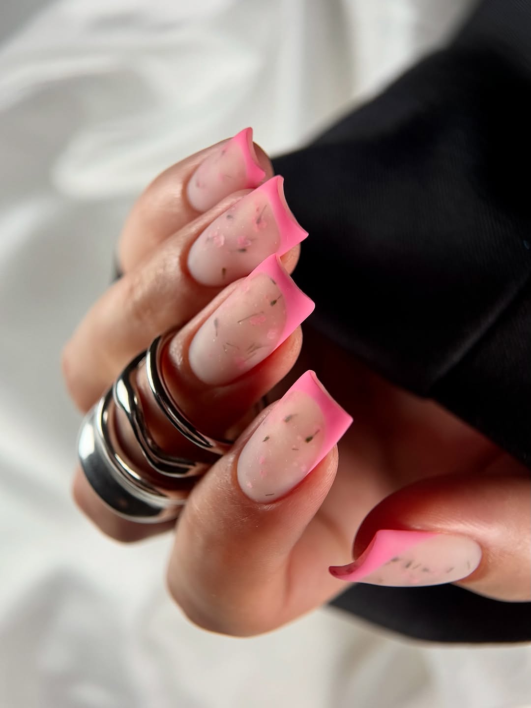Matte Neon Pink French Tips with Cherry Blossom Flakes