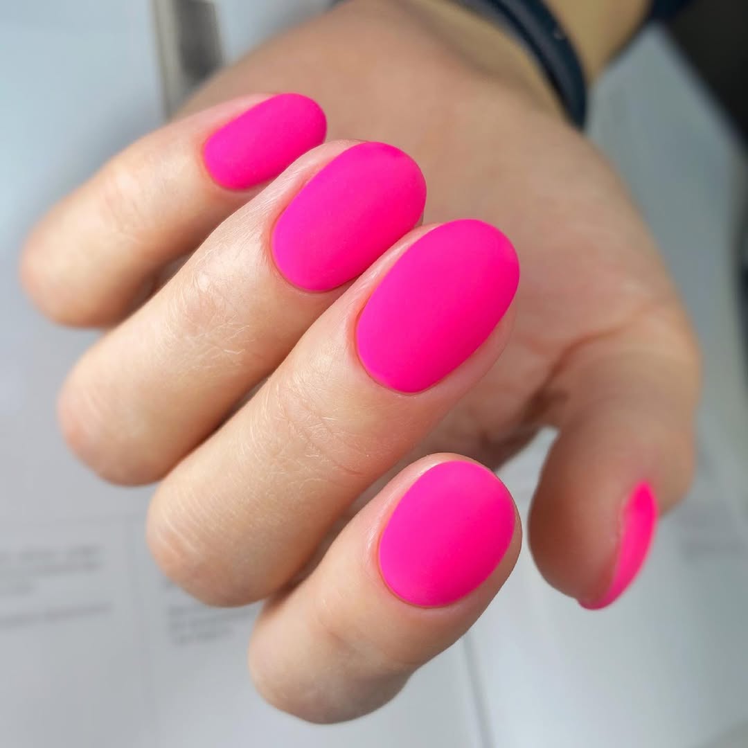 Matte Neon Pink Short Oval Nails