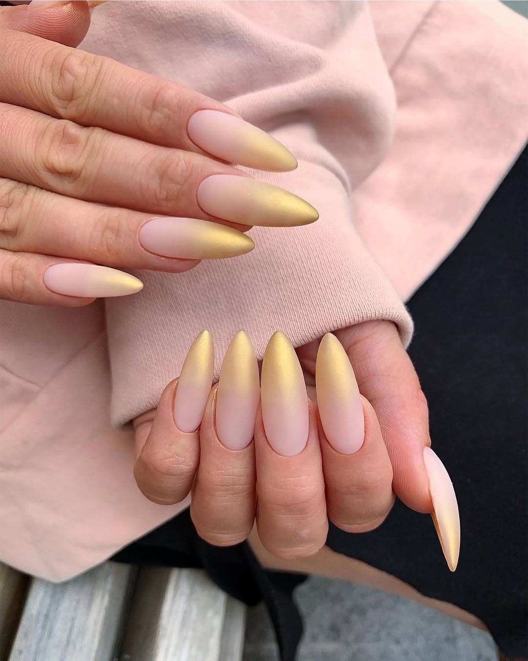 Matte Nude Gold Ombré Stiletto Summer Nails