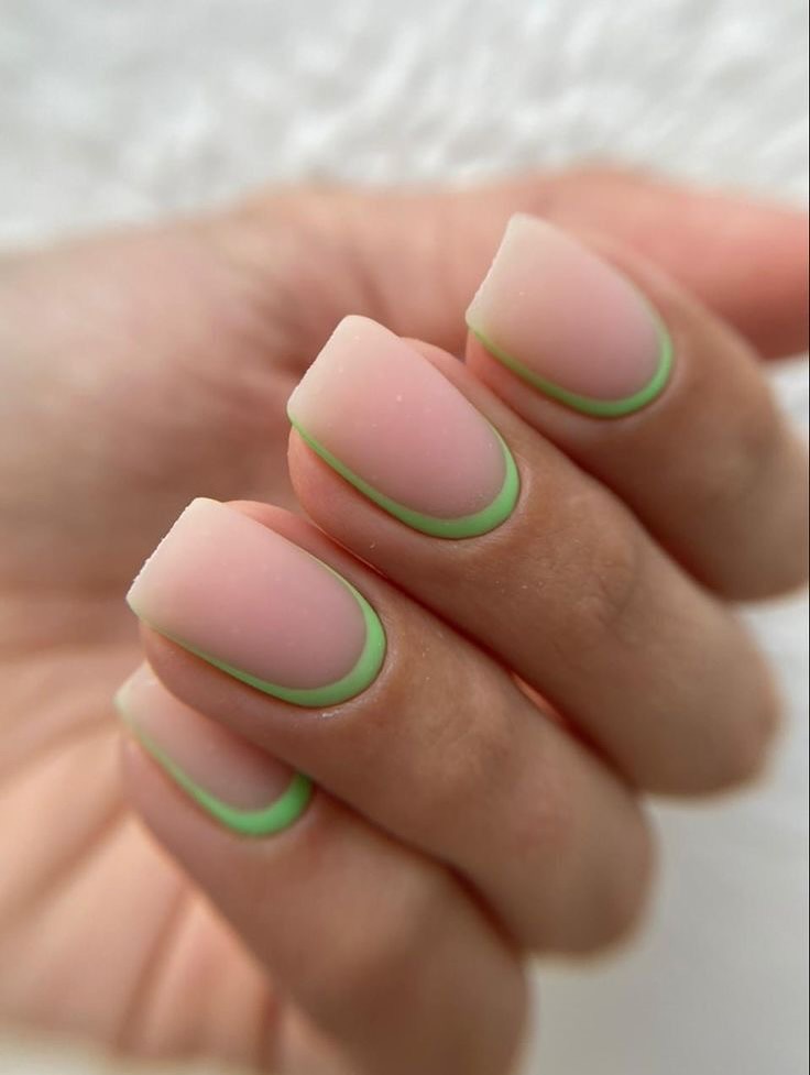 Matte Nude Pink Coffin Nails with Neon Green Outline