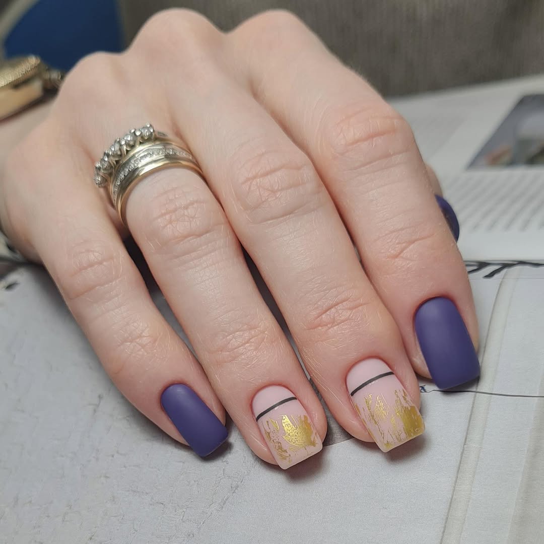 Matte Purple and Gold Foil Block Nails