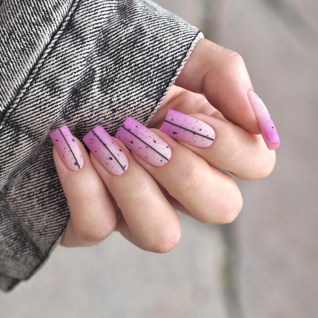 Matte Purple Ombré Coffin Nails with Abstract Lines