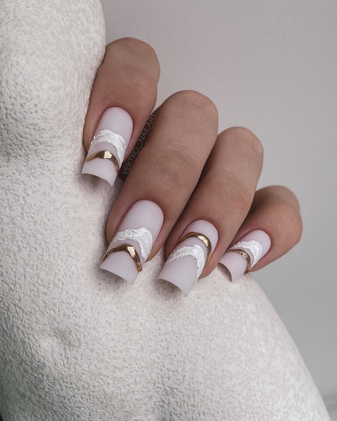 Matte White Lace and Gold Ring Nail Art