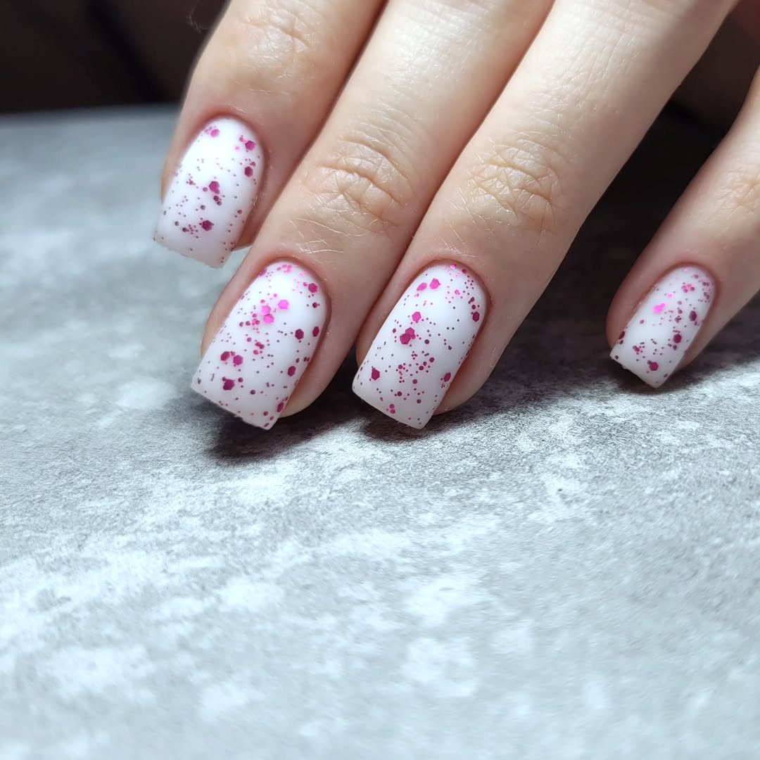 Matte White Sprinkled Pink Glitter Square Nails