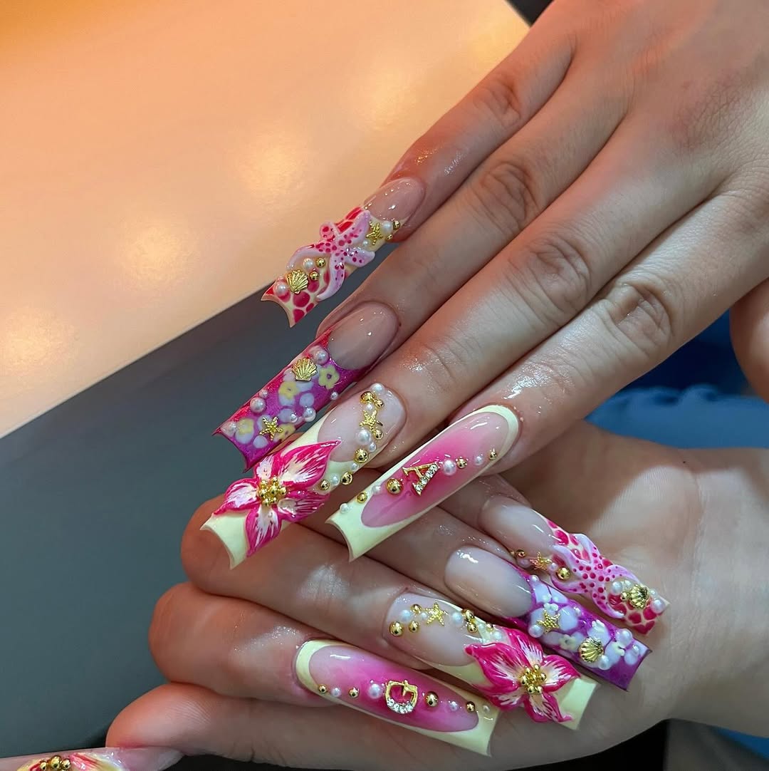Maximalist 3D Floral Pink Ombre Tips with Charms