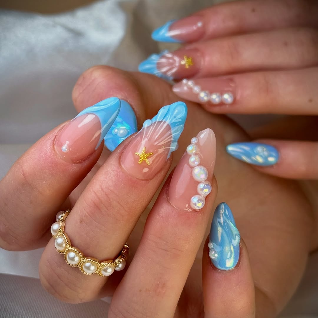 Mermaid Core Blue French Tips Pearly Accents