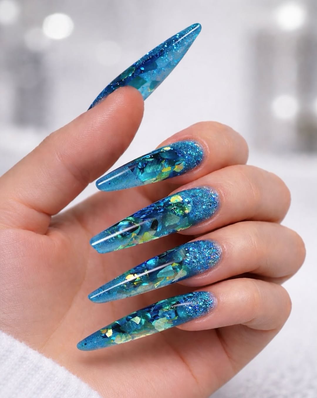 Mermaid Core Blue Glitter Encapsulated Stiletto Nails