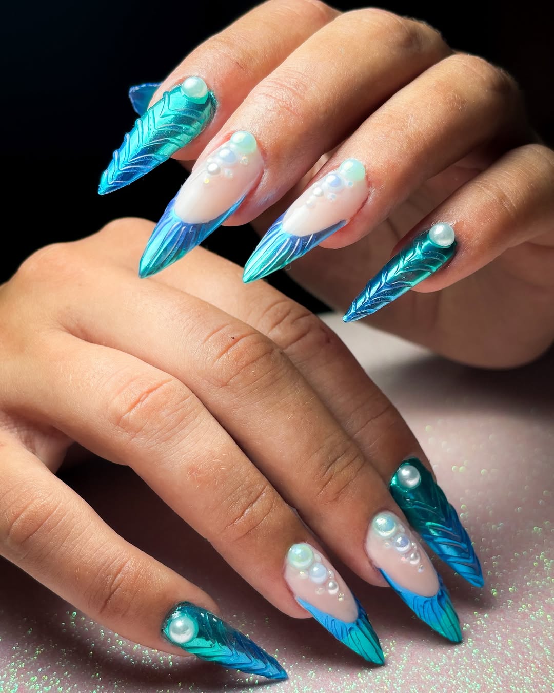 Mermaid Tail Blue Green Pearl Stiletto Nails