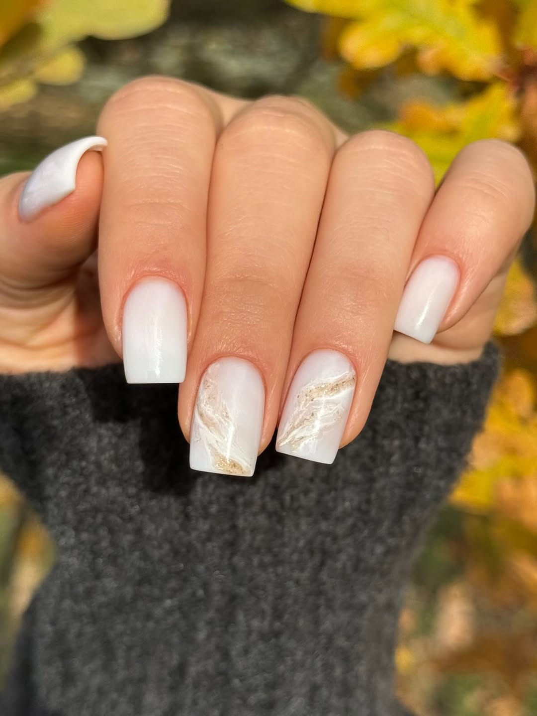 Milk White Square Nails With Gold Marble Art