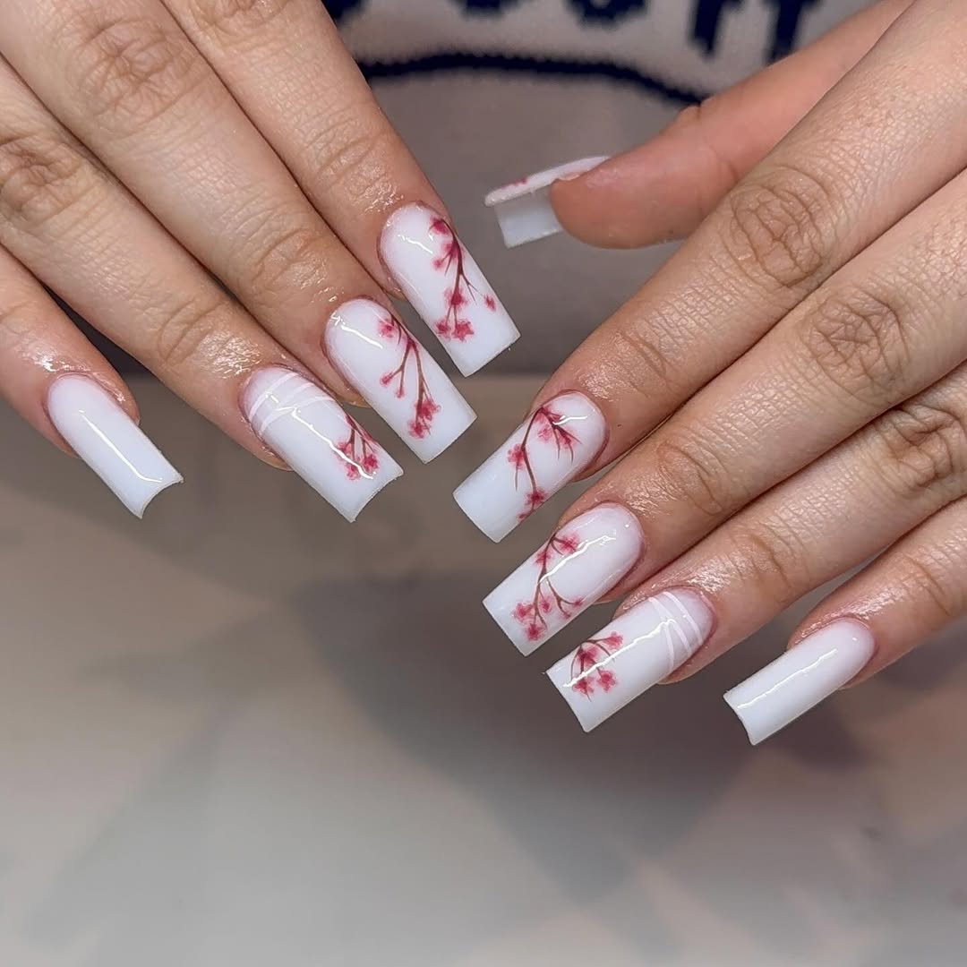 Milk White Square Nails With Red Floral Art