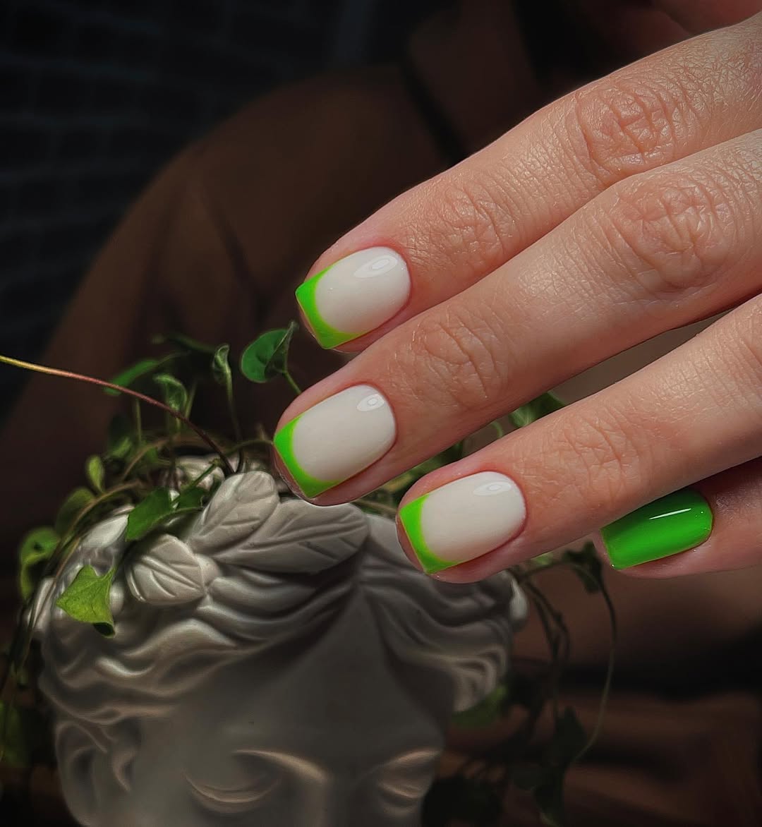 Milky Nude Squoval Nails with Neon Lime French Tips