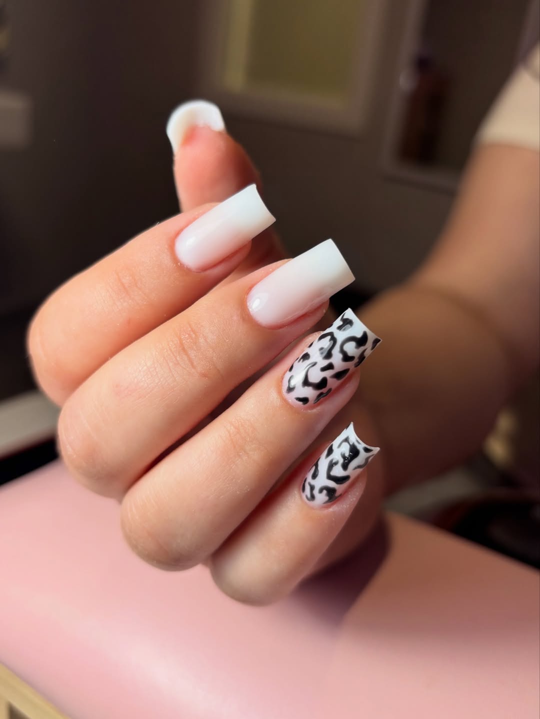 Milky Ombré Cow Print Glossy Square Nails