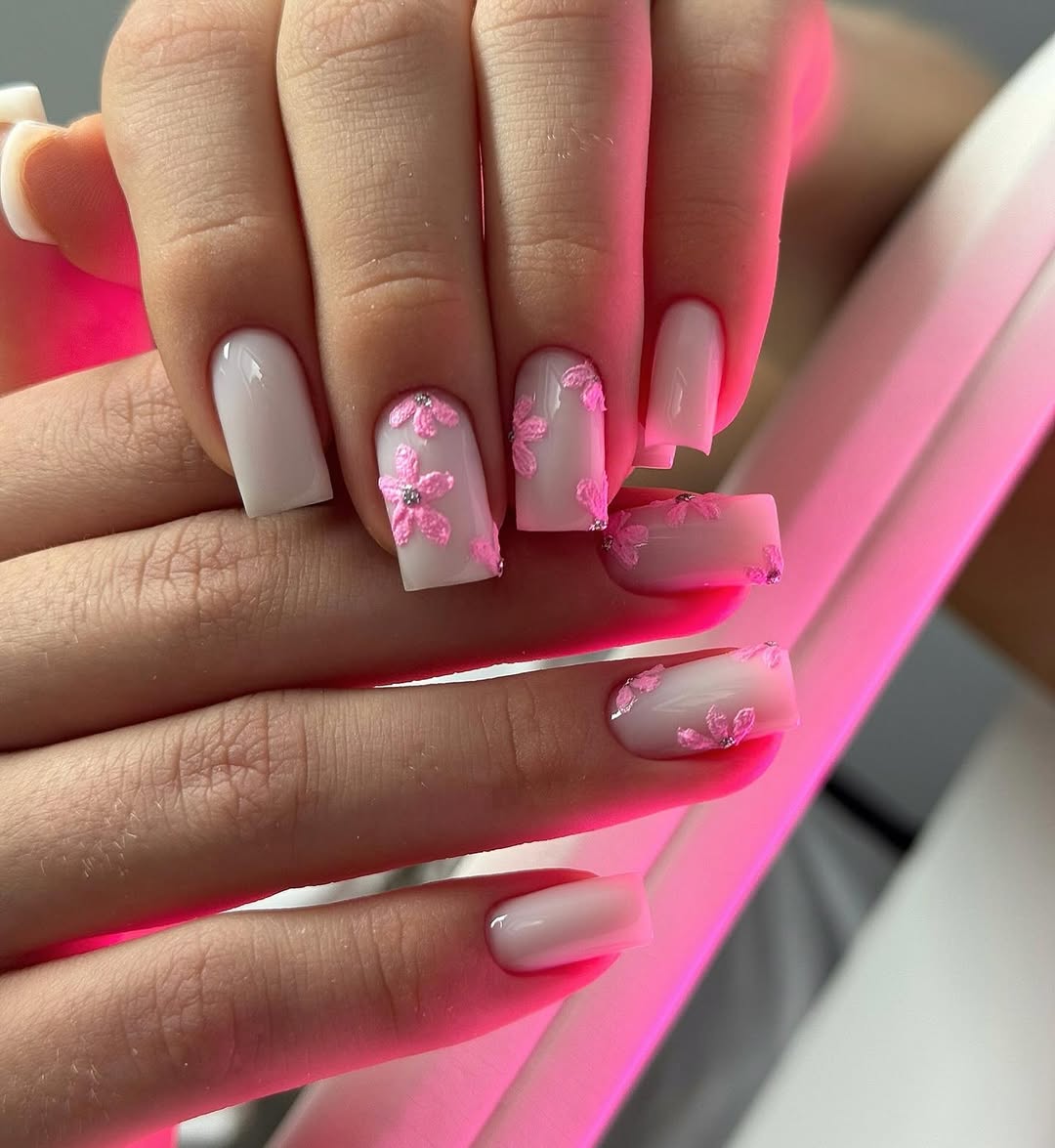 Milky Pink 3D Floral Short Squoval Nails
