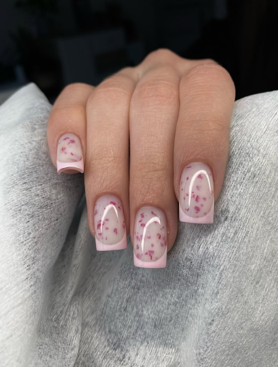 Milky Pink Confetti Square French Tip Nails