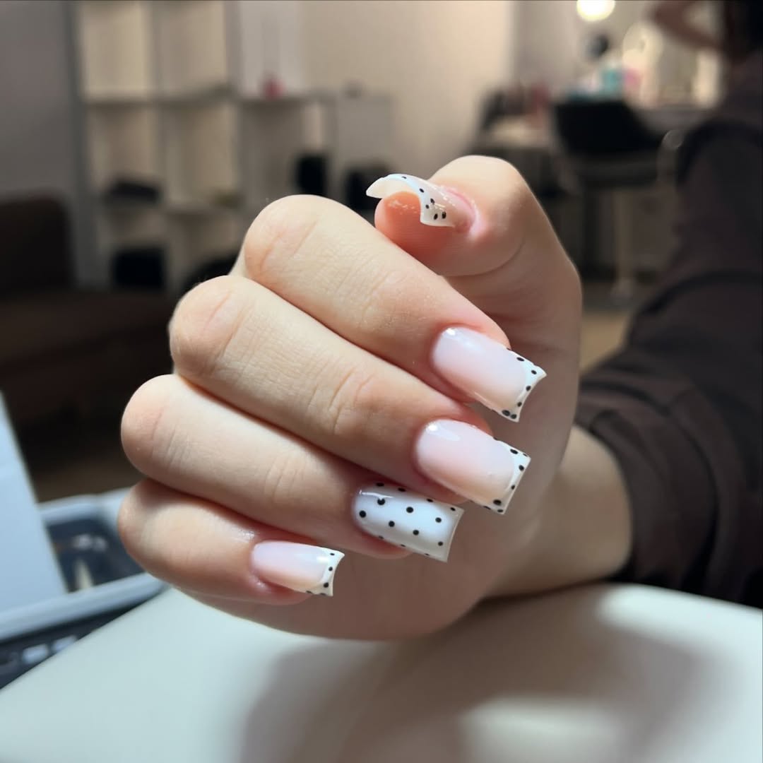 Milky Pink French Tips With Playful Polka Dots