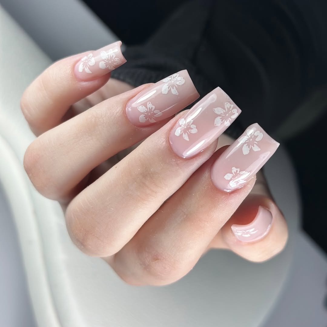 Milky Pink Jelly Nails with White Floral Decals