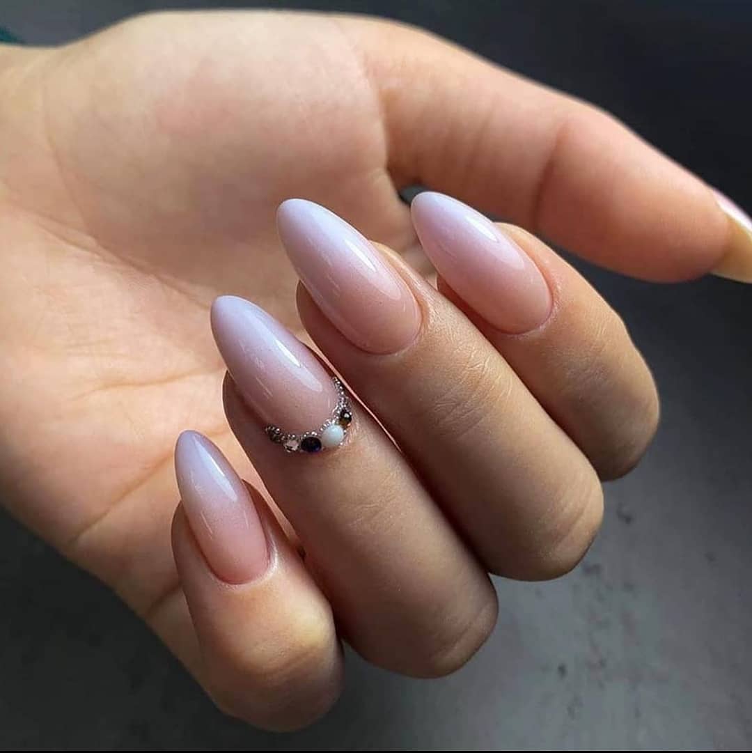 Milky Pink Ombré Almond Nails with Gem Accents