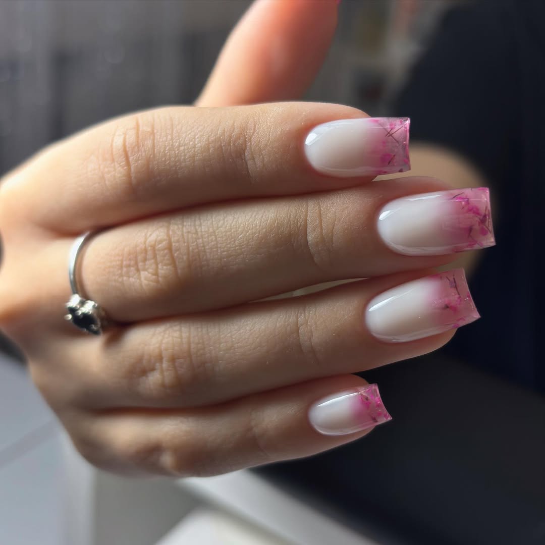 Milky Pink Ombre Square French Tips with Encapsulated Flowers