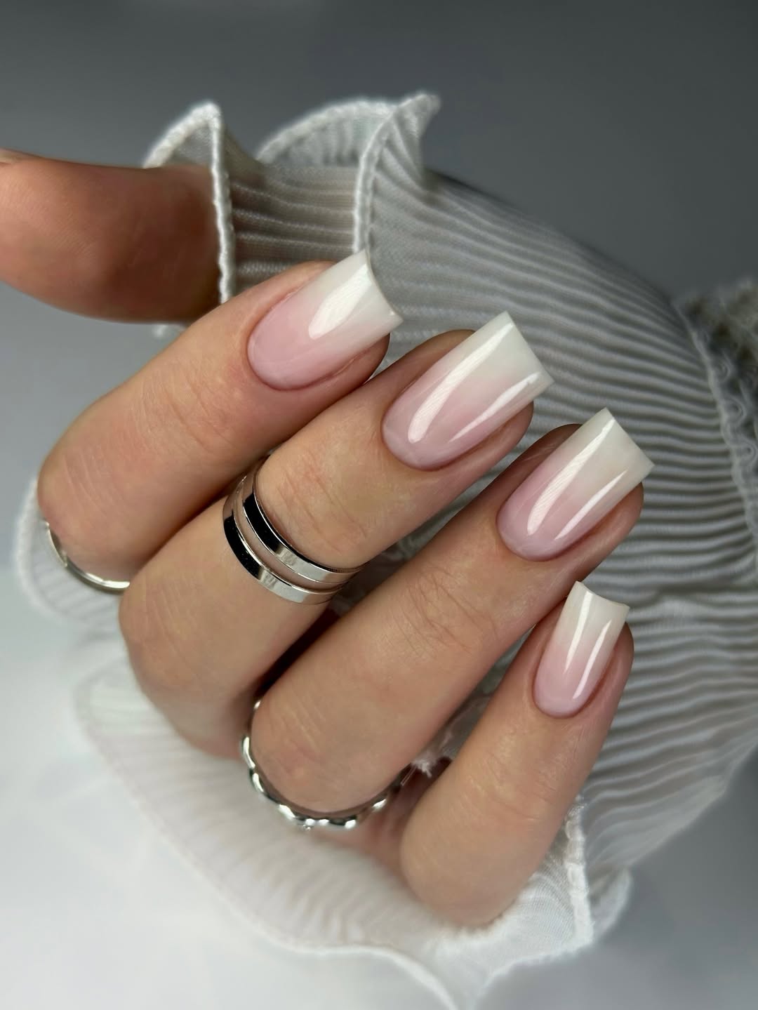 Milky Pink to White Ombre Square Tips
