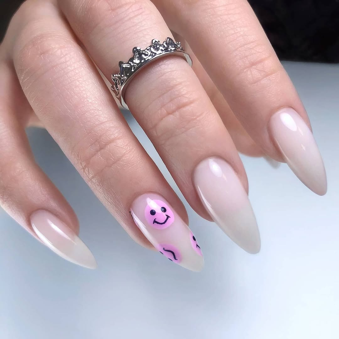 Milky Pinky-Nude Pointed Almond Nails with Pink Smirkies